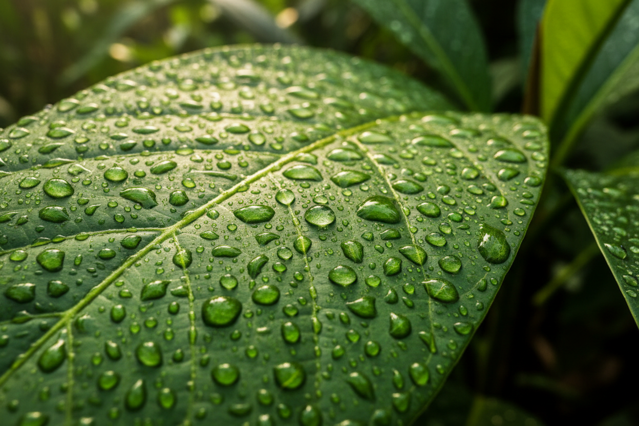 rainforest: a leaf with droplets of water