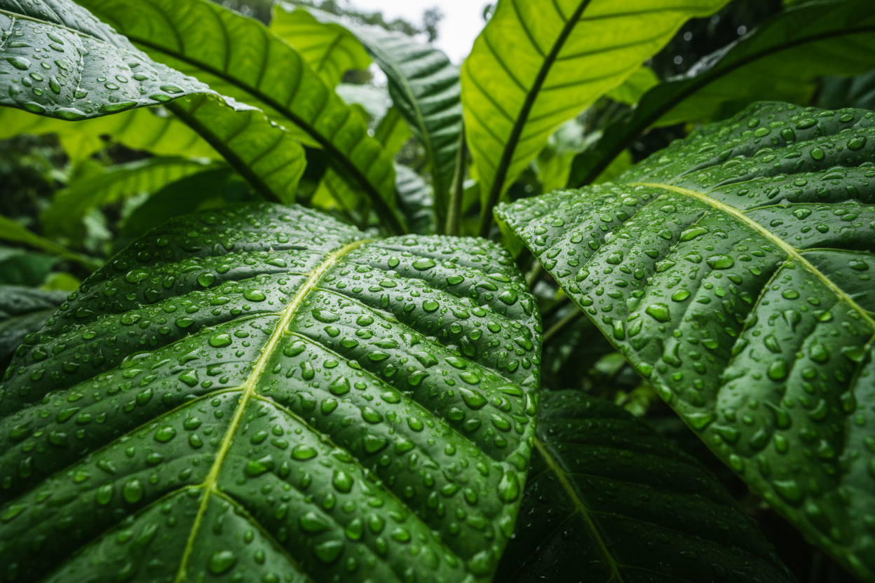 rainforest leaves with water droplets 